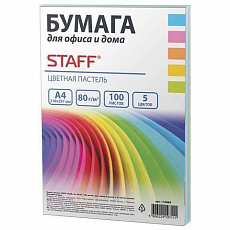 Бумага цветная STAFF COLOR, А4, 80г/м2, 100 л., микс (5цв.х20л) пастель, для офиса и дома, 110889/Ро