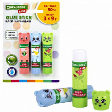 Клей-карандаш "Зверята: кошка,мышка,хрюшка" 9 г, фигурн.колпачок,3 шт/блистер, BRAUBERG KIDS, 271141