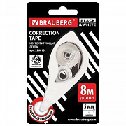 Корректирующая лента BRAUBERG BLACK&WHITE 5мм х 8м, корпус белый, механизм перемотки, блистер,226813