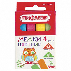 Мел цветной  4 шт ПИФАГОР, НАБОР 4 цвета, 221977/Россия