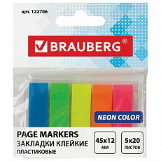 Закладки клейкие BRAUBERG НЕОНОВЫЕ 45*12мм, 5цв.*20л., в пласт. книжке, европодвес, 122706/Россия