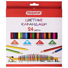 Карандаши цветные ПИФАГОР "Веселая такса", 24 цвета, шестигранные, натуральное дерево, 181808/Россия
