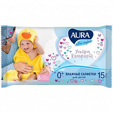Влажные салфетки AURA ULTRA COMFORT для детей 15шт 1/110