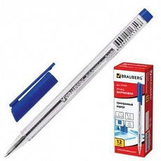Уп. 12 шт. Ручка шариковая BRAUBERG, трехгранная, корпус прозрачный, 1мм, РОССИЯ, 141707, синяя/Росс