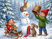 35 эл. Оживи мультфильм. Пазлы . СНЕГОВИК И ДЕТИ (Арт. Х35-7005)/Рыжий кот