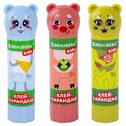 Клей-карандаш  9 г "Зверята: кошка, мышка, хрюшка" 9 г, фигурный колпачок, BRAUBERG KIDS/1/24/Россия