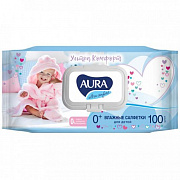 Влажные салфетки AURA ULTRA COMFORT для детей с экстрактом алоэ и витамином Е с крышкой 100шт 1/12